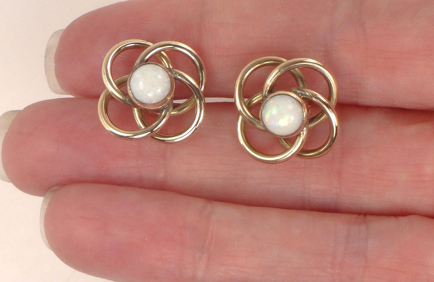 Vintage 14k Gold Natural Opal Love Knot Earrings - Yellow Gold Large Circle Stud Earrings