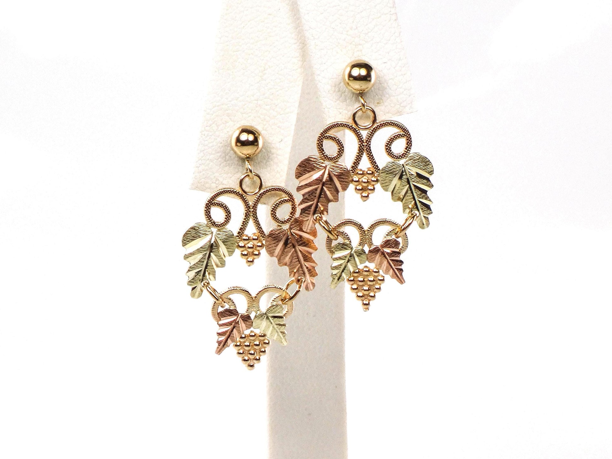 Vintage Black Hills Gold 10k and 14k Tri-Color Gold Grapes Dangle Earrings
