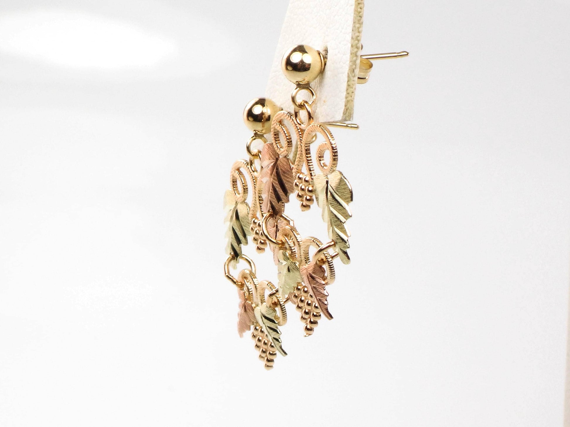 Vintage Black Hills Gold 10k and 14k Tri-Color Gold Grapes Dangle Earrings