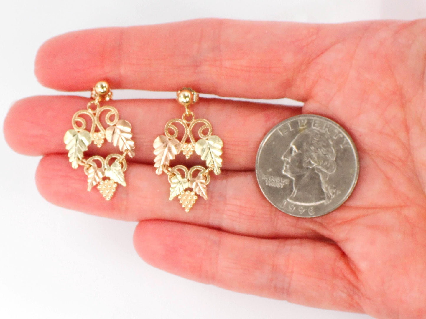 Vintage Black Hills Gold 10k and 14k Tri-Color Gold Grapes Dangle Earrings