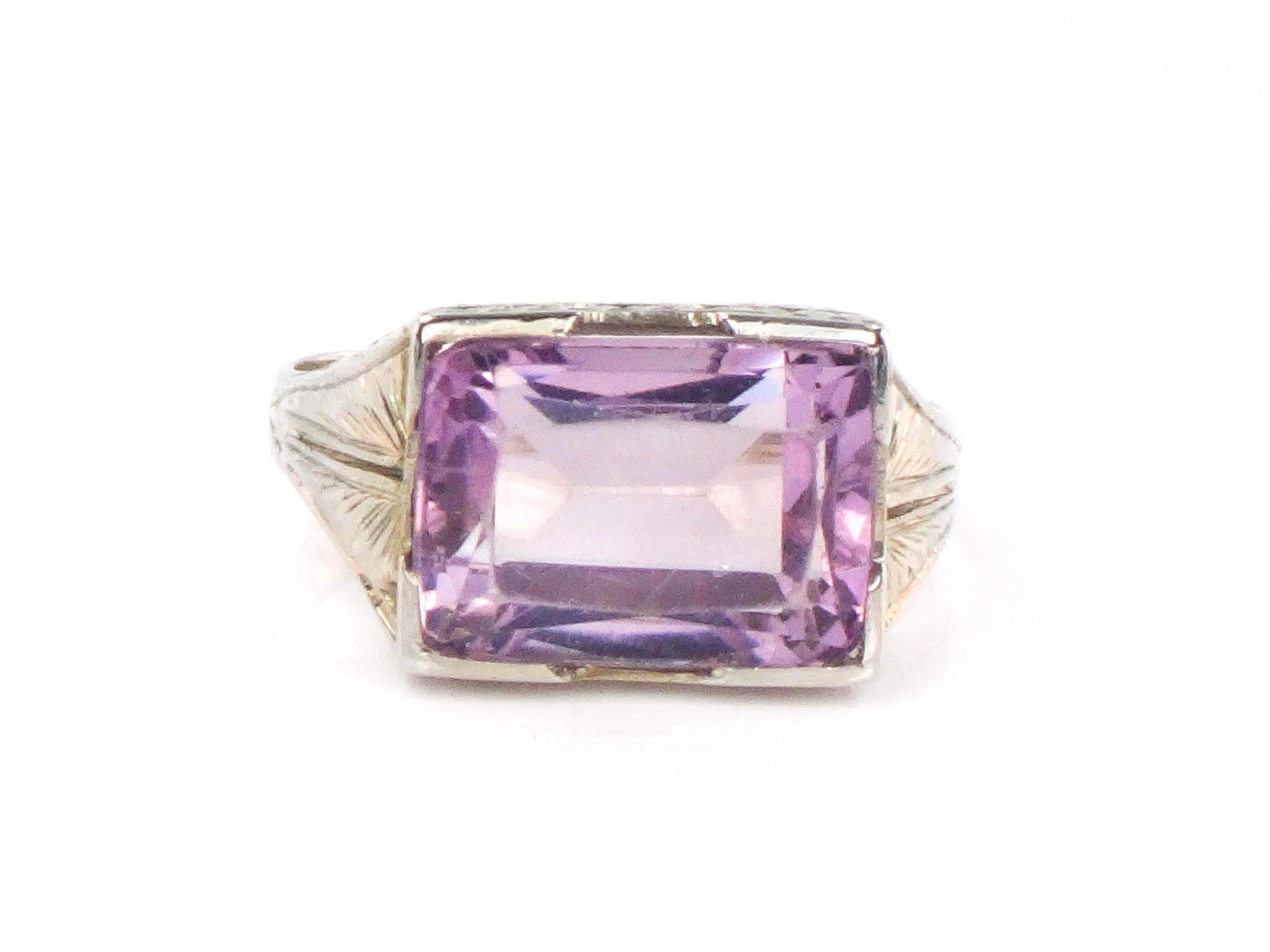 Vintage 18k White Gold Natural Amethyst Ring, Art Deco Antique Purple Stone Ring, Size 6 1/2