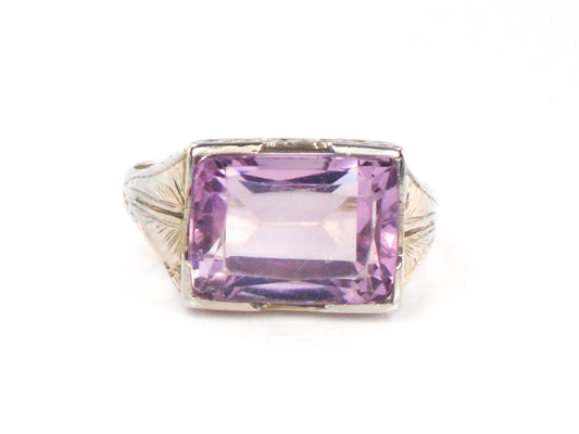 Vintage 18k White Gold Natural Amethyst Ring, Art Deco Antique Purple Stone Ring, Size 6 1/2