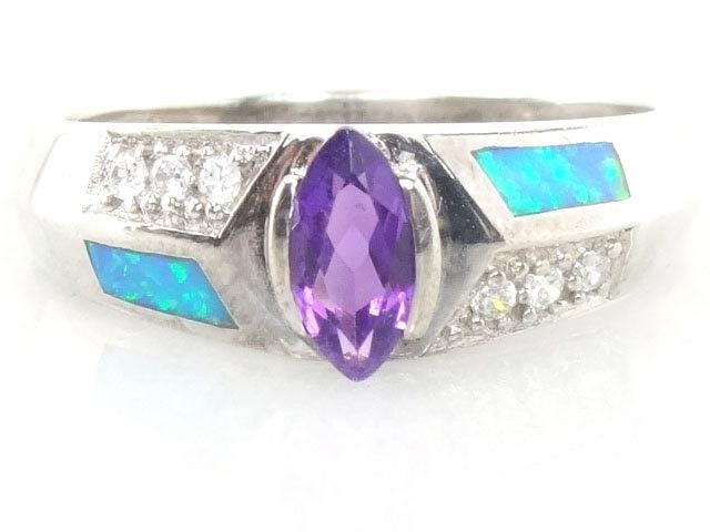 Vintage Sterling Silver Amethyst and Opal Ring: Purple February Birthstone, Size 10