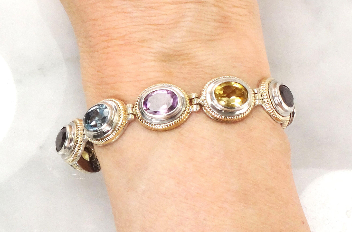 Sterling Silver and 14k Gold Multi-Color Stone Bracelet, Citrine Amethyst Topaz Garnet Natural Stone Mixed Metal Bracelet 7"