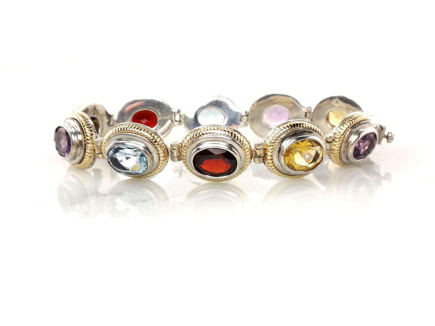 Vintage Multi-Stone Bracelet: 14k Gold & Sterling Silver - Citrine, Amethyst, Topaz, Garnet