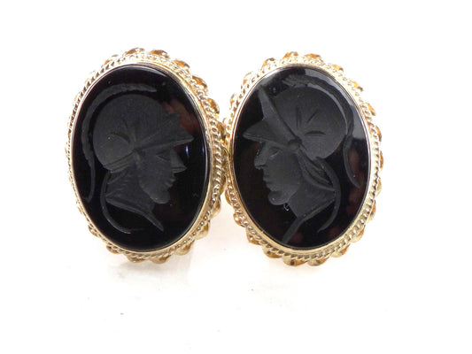 Vintage 14k Gold Black Onyx Intaglio Cufflinks: Roman Soldier Design