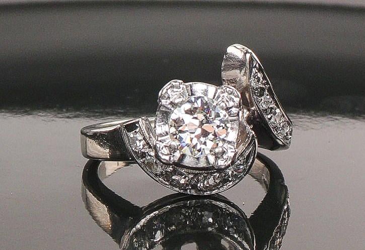 Vintage Diamond Engagement Ring 14k White Gold Natural Stone Modernist 1960's Twist Style