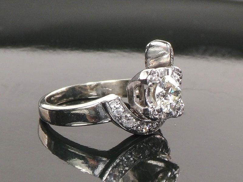 Vintage Diamond Engagement Ring 14k White Gold Natural Stone Modernist 1960's Twist Style
