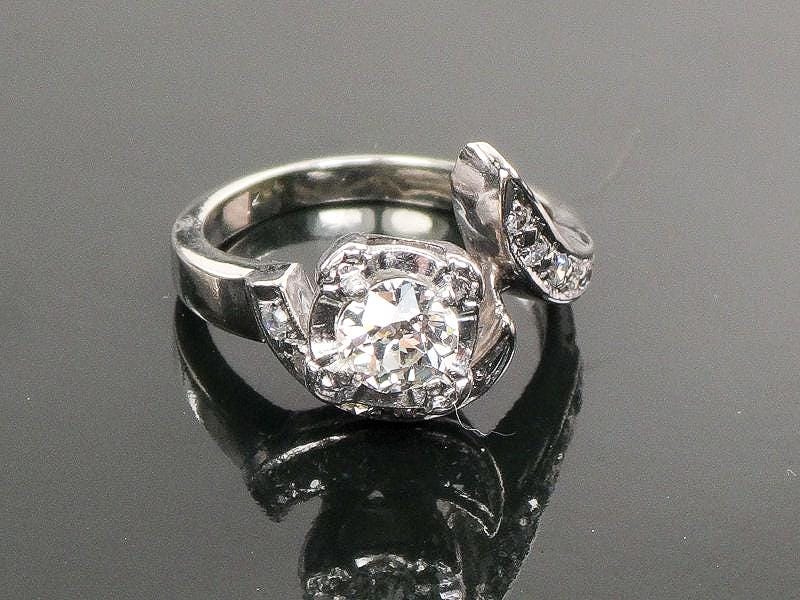 Vintage Diamond Engagement Ring 14k White Gold Natural Stone Modernist 1960's Twist Style