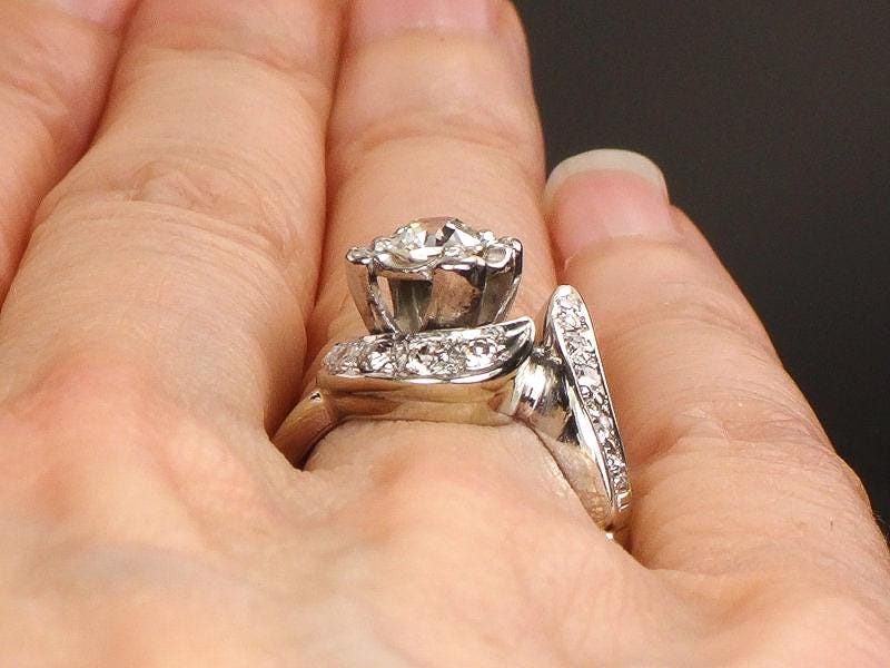 Vintage Diamond Engagement Ring 14k White Gold Natural Stone Modernist 1960's Twist Style