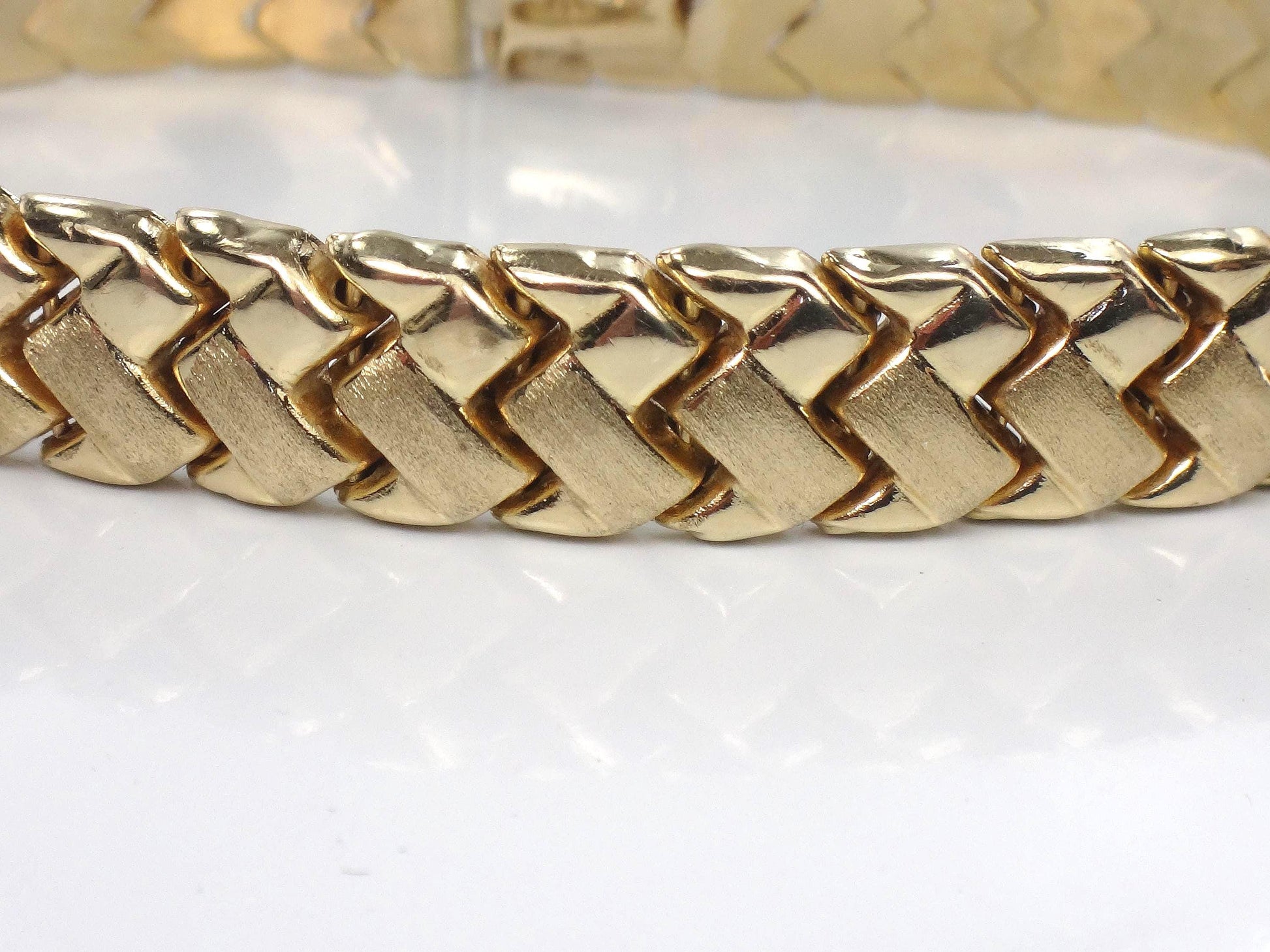 Vintage 14k Yellow Gold Fancy Flat Link Bracelet - 7 3/8" - Circa 1980's