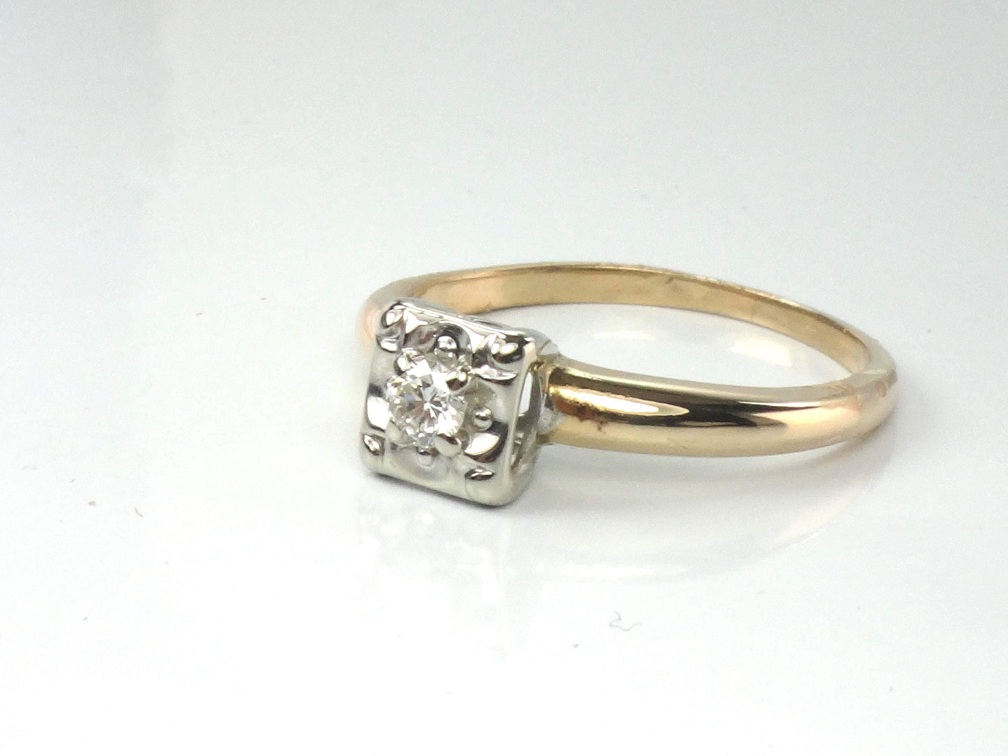 Vintage 14k Gold Round Natural Diamond Engagement Ring - Two Tone Orange Blossom Style - Size 5.75