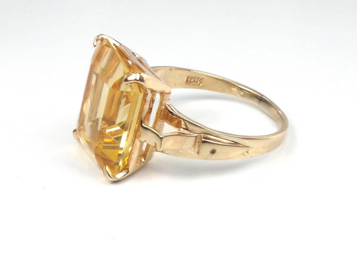 Vintage 10k Gold Citrine Ring, Rectangle Cut Yellow Stone November Birthstone Ring, Size 7