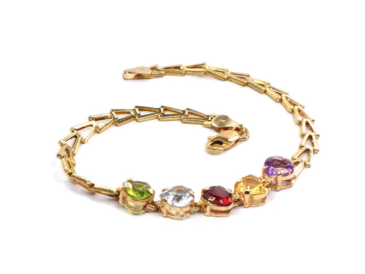 Vintage 14k Gold Multi-Color Stone Bracelet: Amethyst, Topaz, Garnet, Peridot, Citrine Heart Gemstones, 7 5/8"