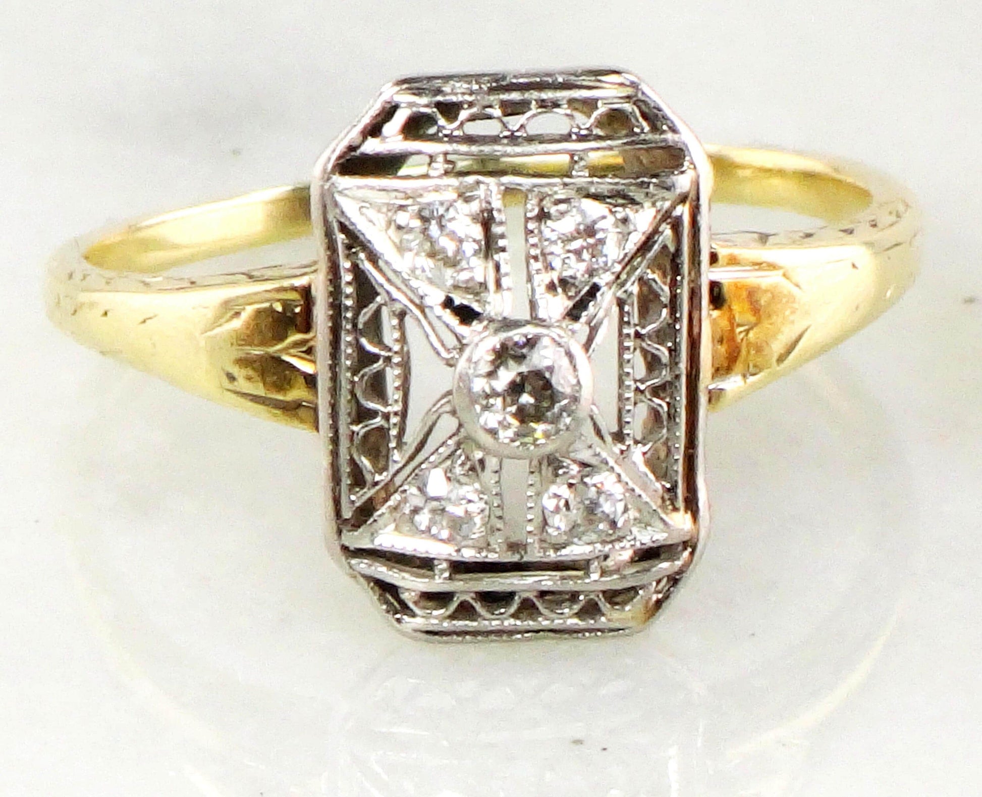 Antique 14k & Platinum Diamond Ring: 1920s Art Deco Old Mine Cut