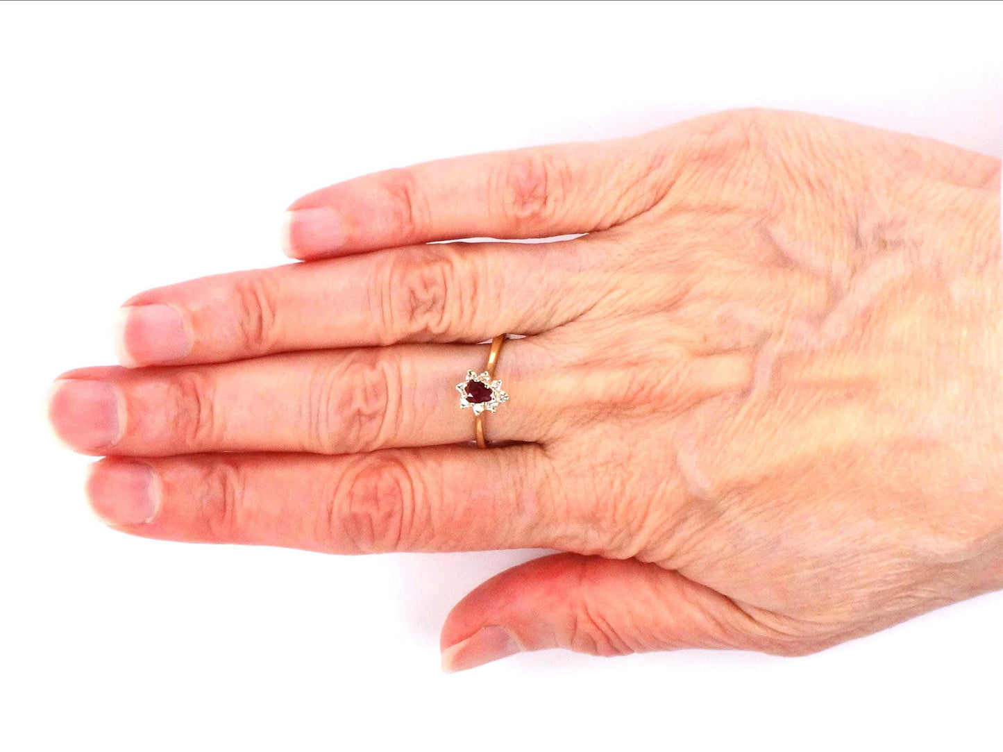 Vintage 14k Yellow Gold Natural Ruby Diamond Halo Ring: July Birthstone, Size 6.5