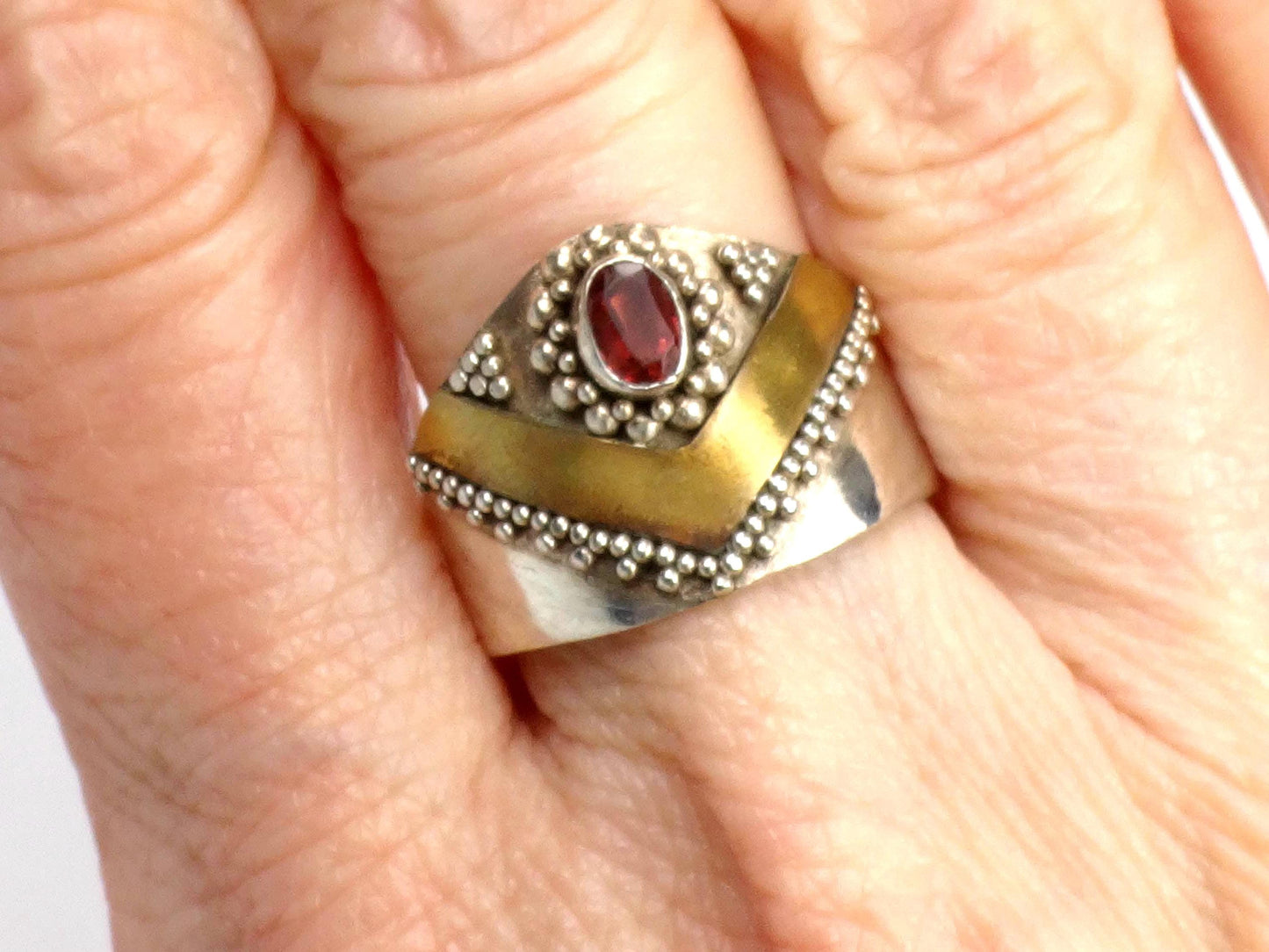 Vintage Sterling Silver Brass Garnet Ring: Bohemian Style, Size 6.5