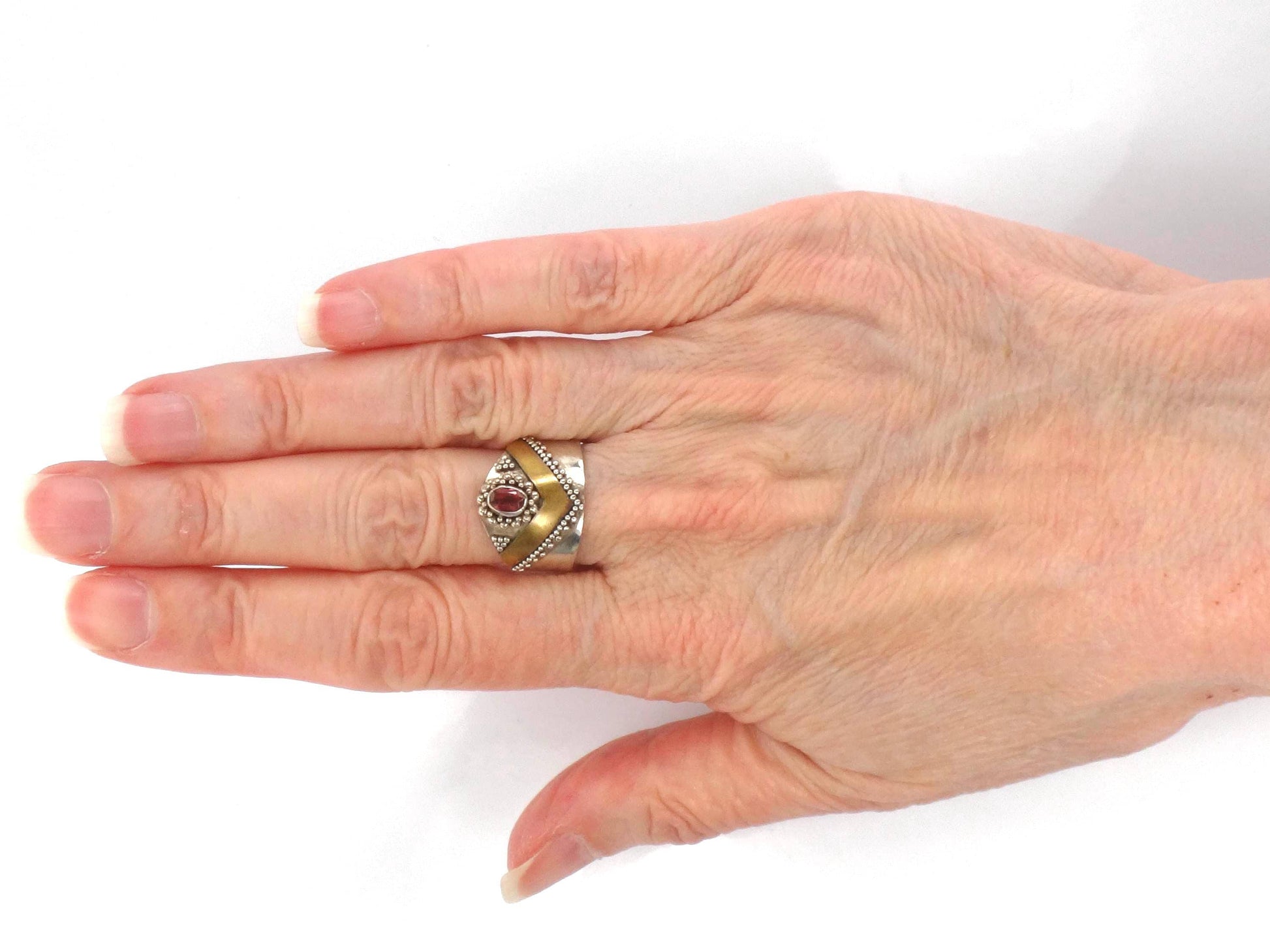 Vintage Sterling Silver Brass Garnet Ring: Bohemian Style, Size 6.5