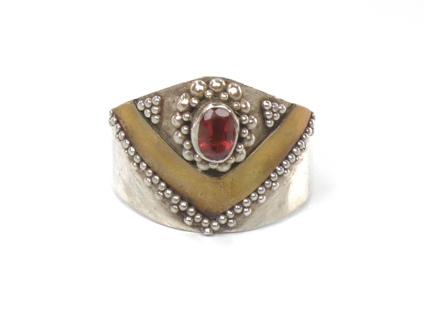 Vintage Sterling Silver Brass Garnet Ring: Bohemian Style, Size 6.5