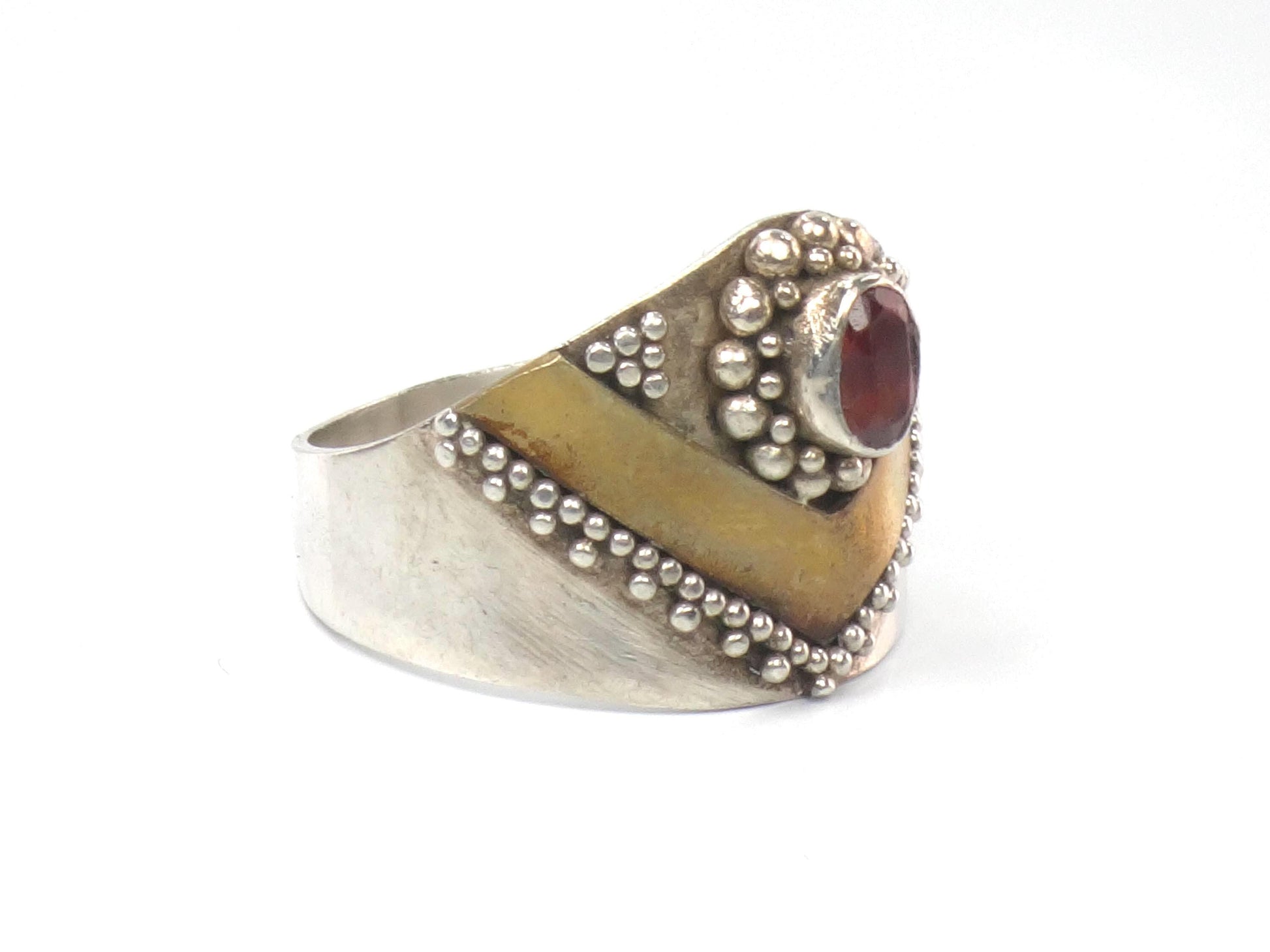 Vintage Sterling Silver Brass Garnet Ring: Bohemian Style, Size 6.5