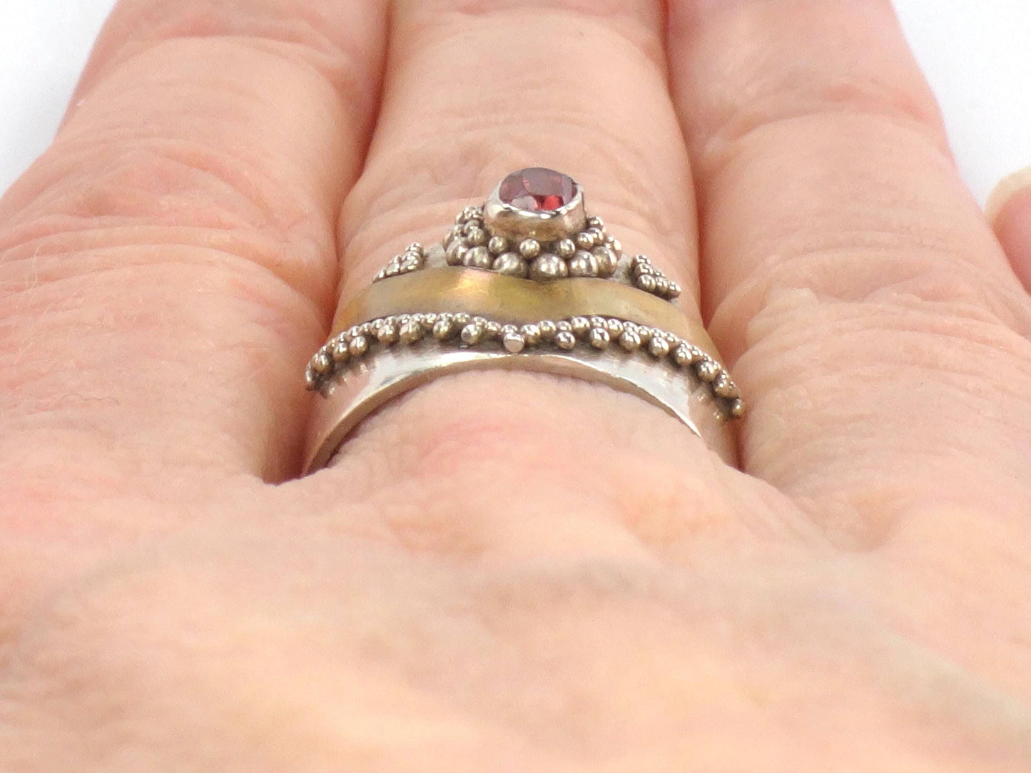 Vintage Sterling Silver Brass Garnet Ring: Bohemian Style, Size 6.5