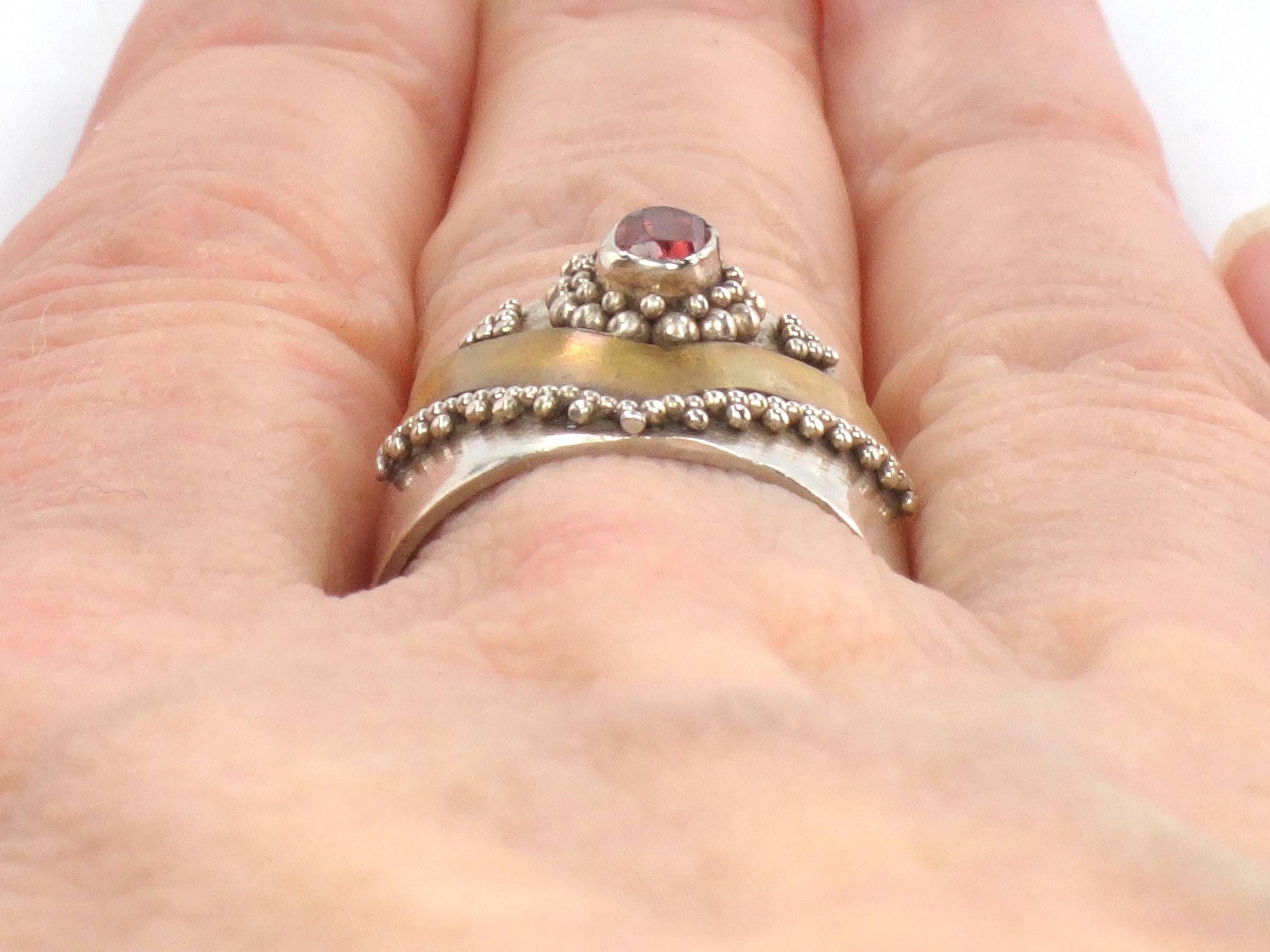 Vintage Sterling Silver Brass Garnet Ring: Bohemian Style, Size 6.5