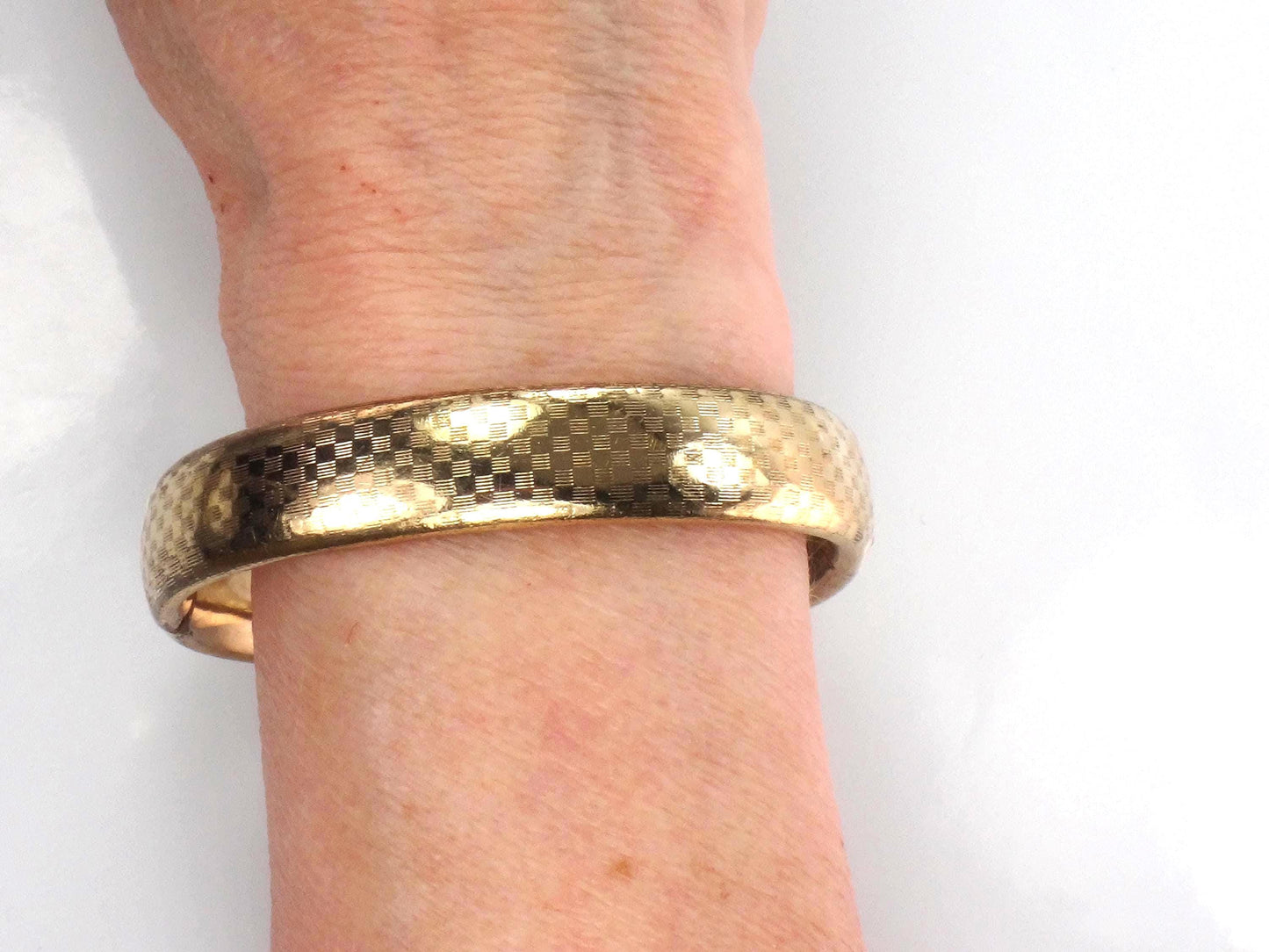 Vintage Hinged Bangle Bracelet with Checkerboard Finish: Rolled Gold Plate FTP Co
