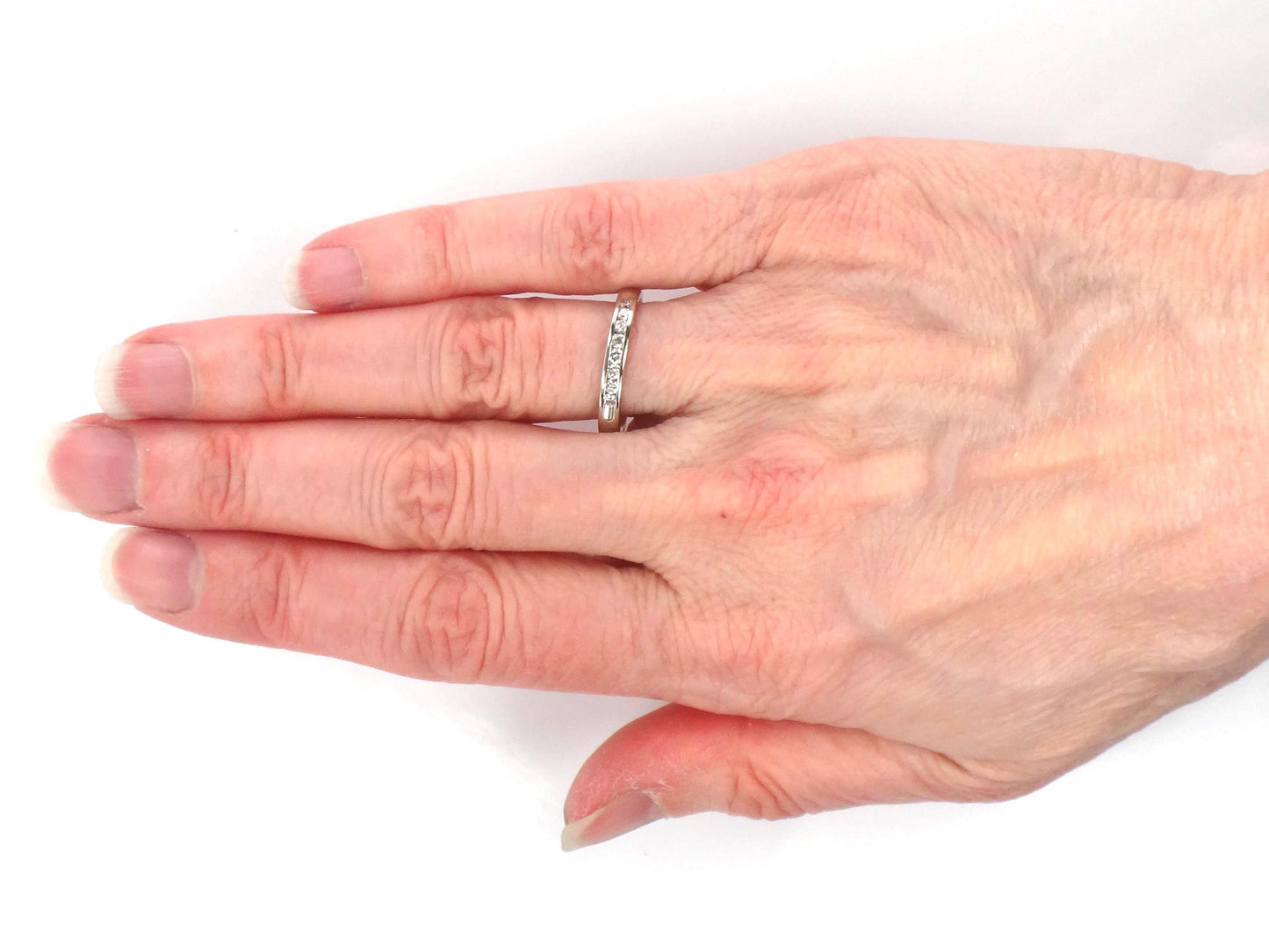 Vintage 14k White Gold Diamond Wedding Band - Channel Set Ring, Size 7