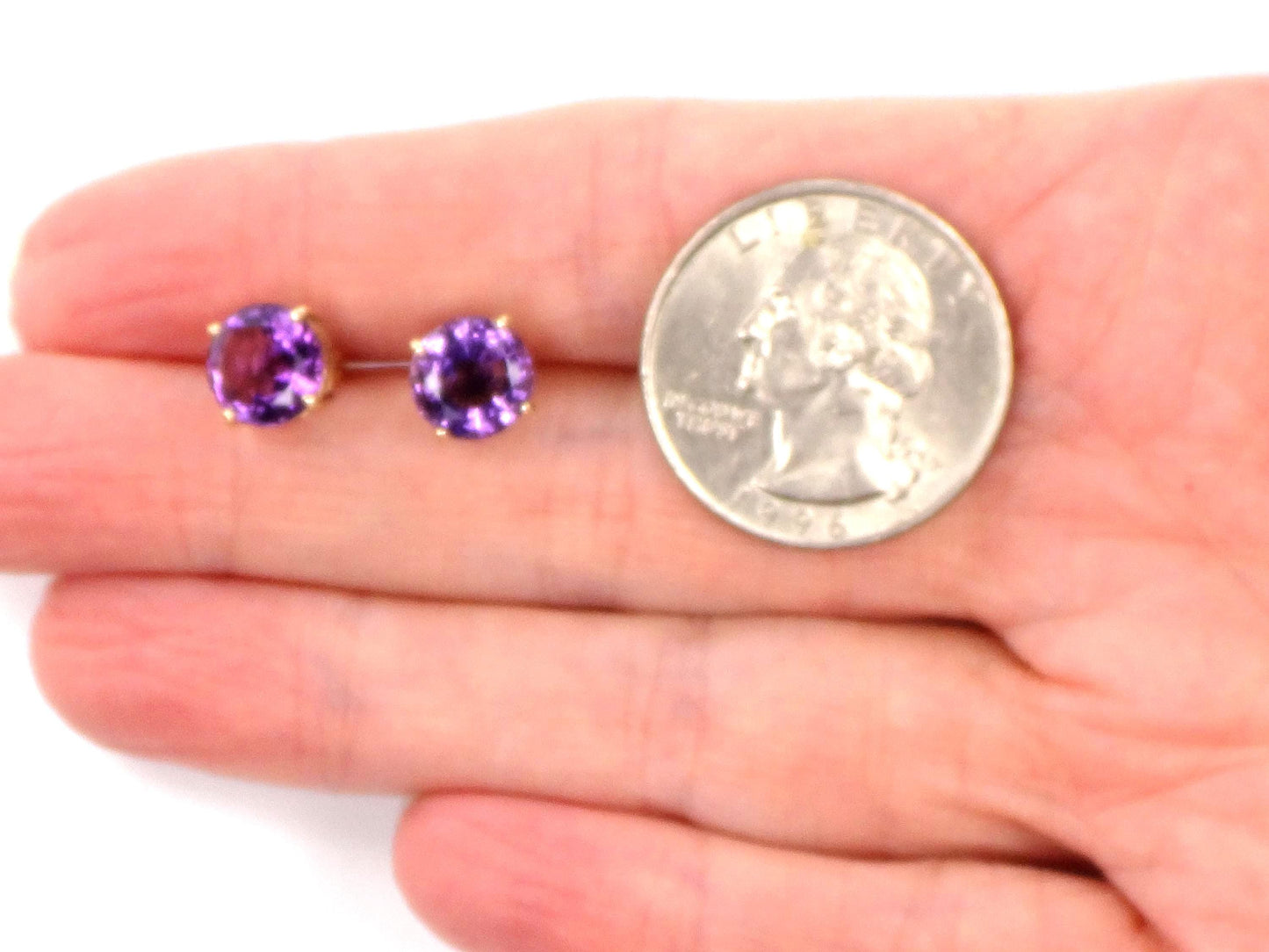 Vintage 14k Yellow Gold Round Amethyst Stud Earrings: 8 MM, February Birthstone