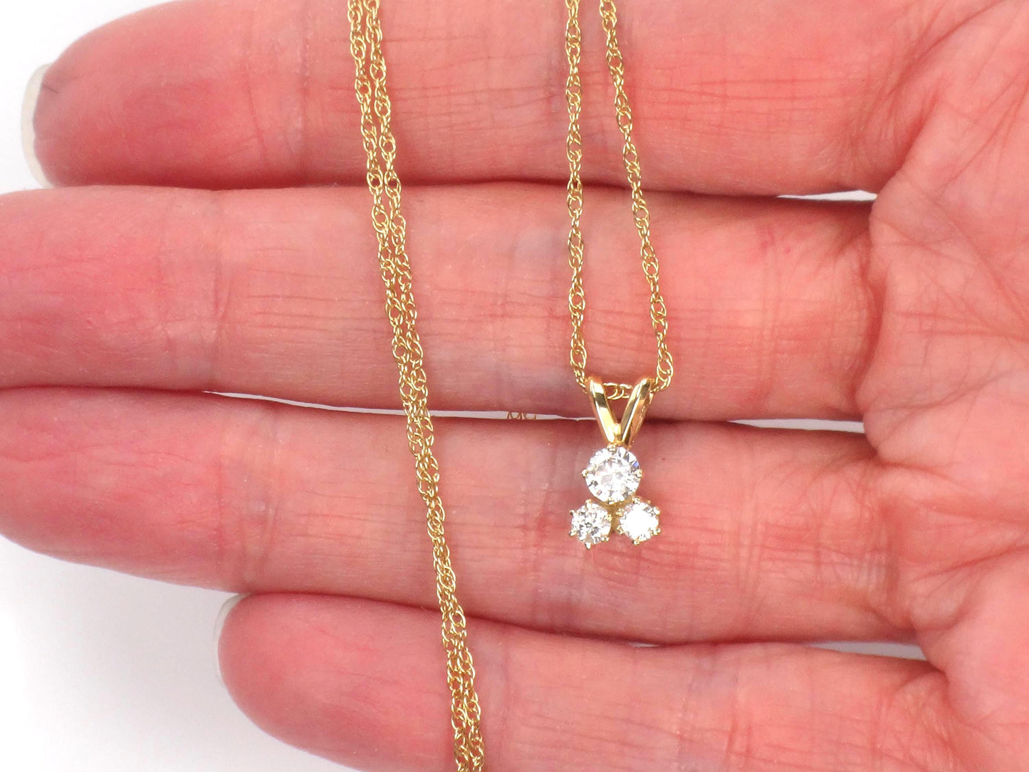 Vintage 14k Yellow Gold Three Diamond Necklace: Approximately .40 Carat TDW 16"