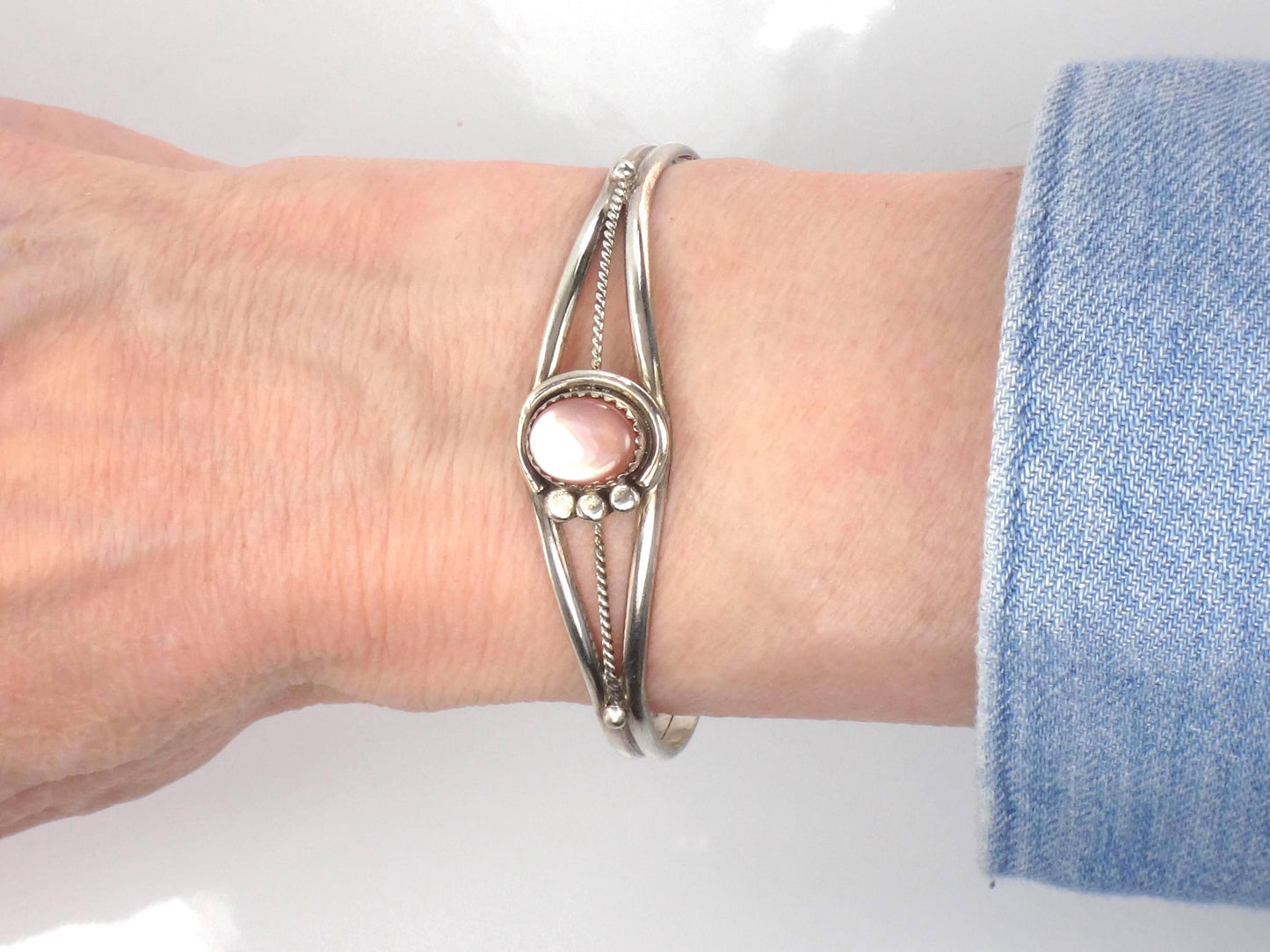 Vintage Small Sterling Silver Pink Mother of Pearl Cuff Bracelet