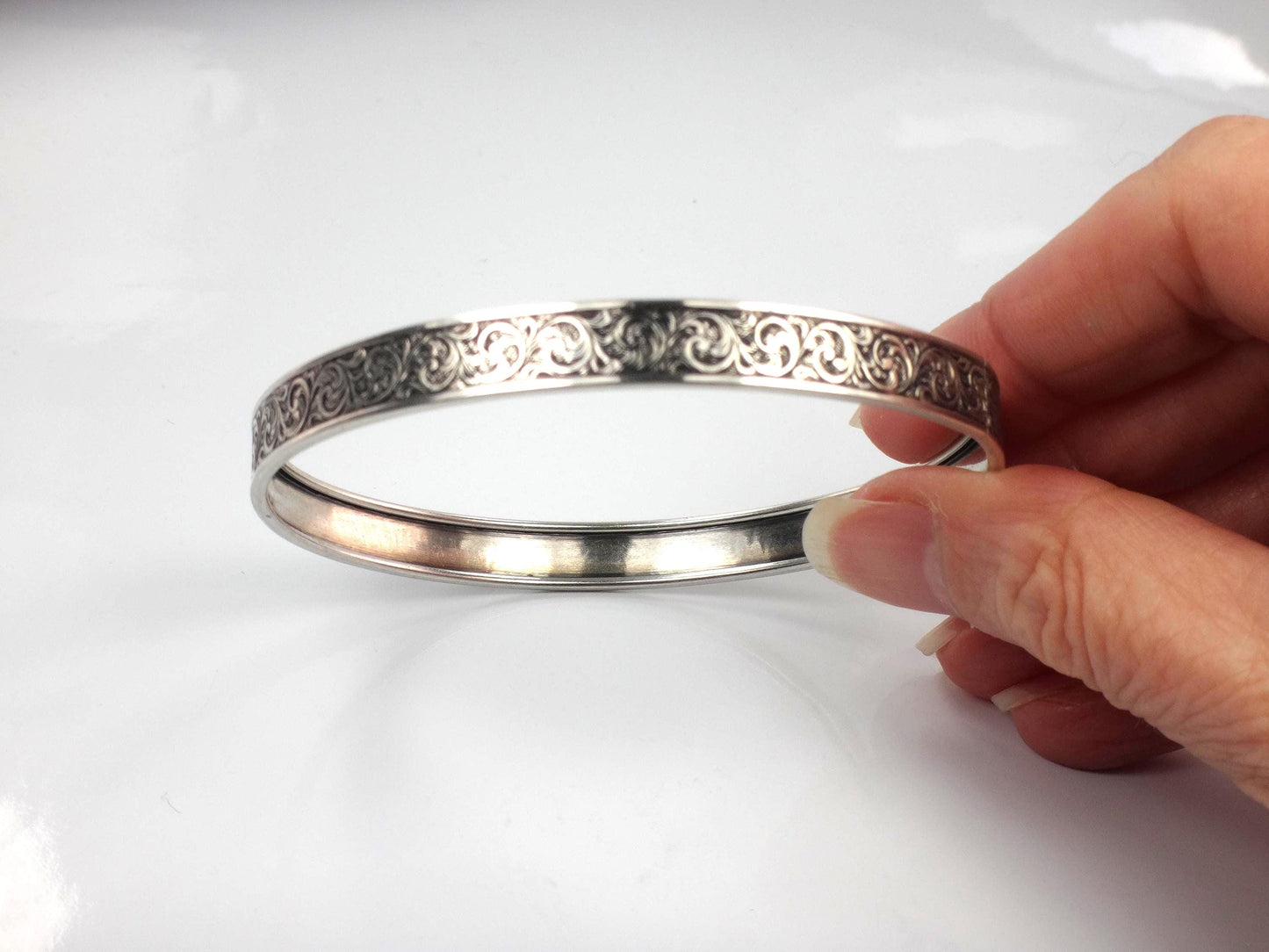 Vintage Sterling Silver Slip On Bangle Bracelet with Engraved Swirl Design