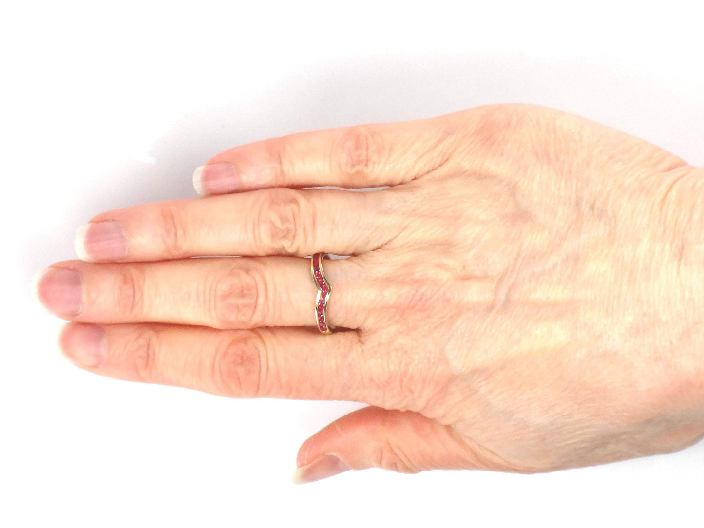 Vintage 14k Yellow Gold Ruby Ring, Chevron Wedding Band or Stacking, Size 6.5
