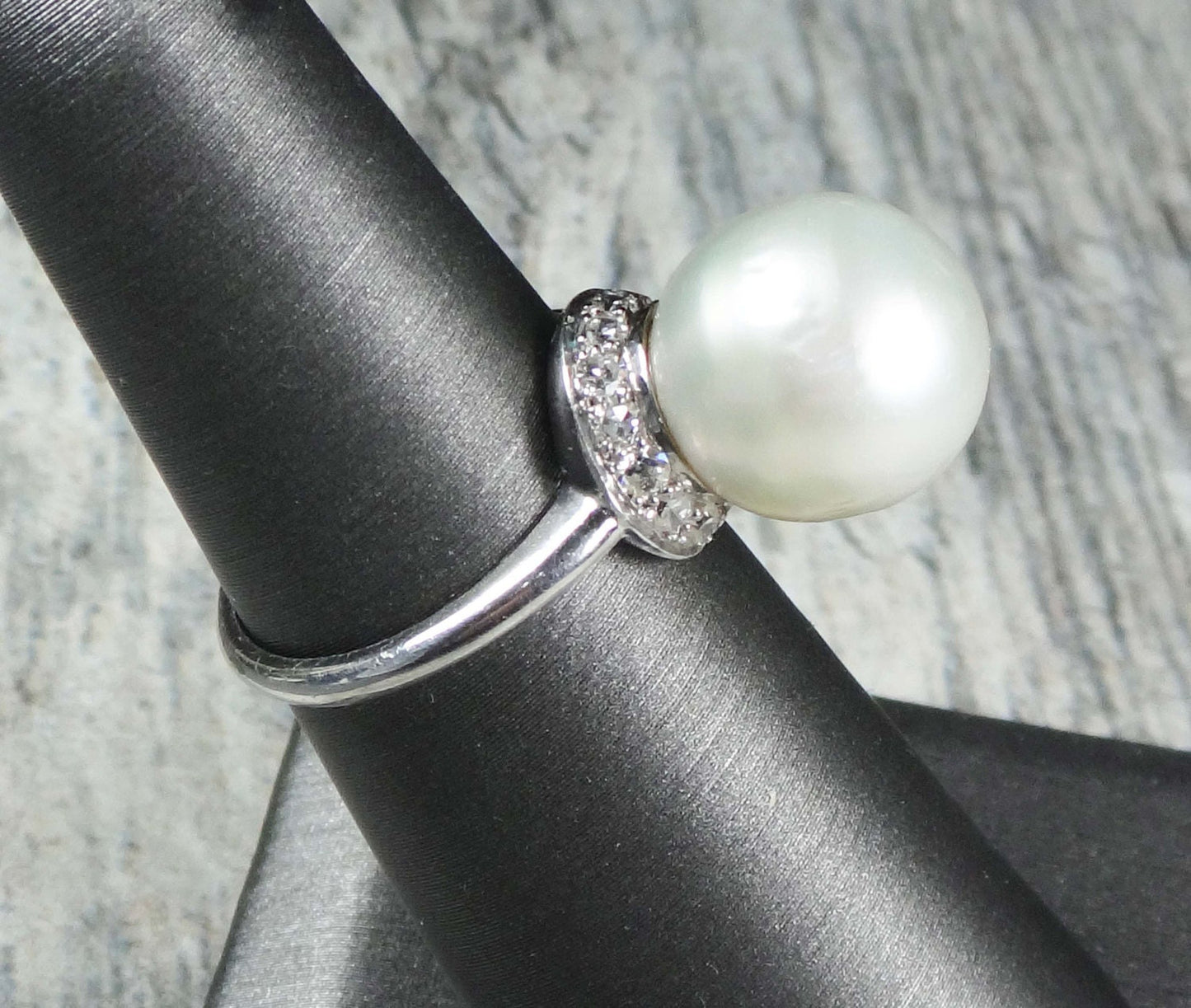 Vintage Palladium Large Cultured South Sea Pearl and Natural Diamond Ring 12 mm Pearl Statement Ring Bridal Ring