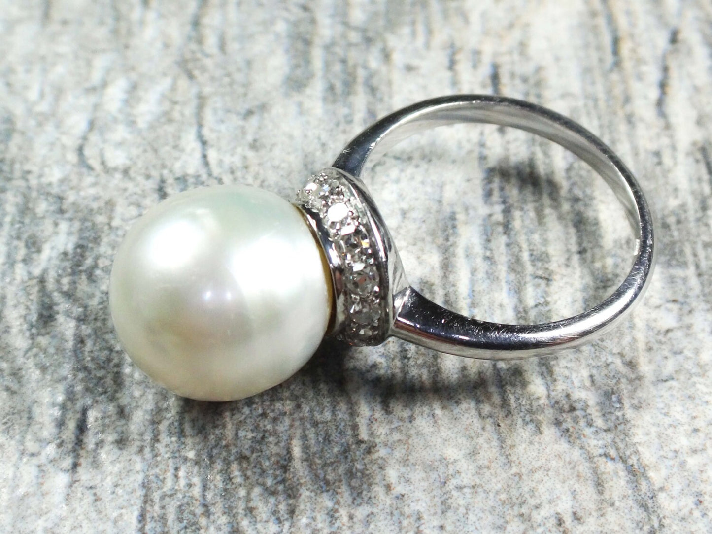 Vintage Palladium South Sea Pearl Ring: Diamond Halo, Bridal Statement