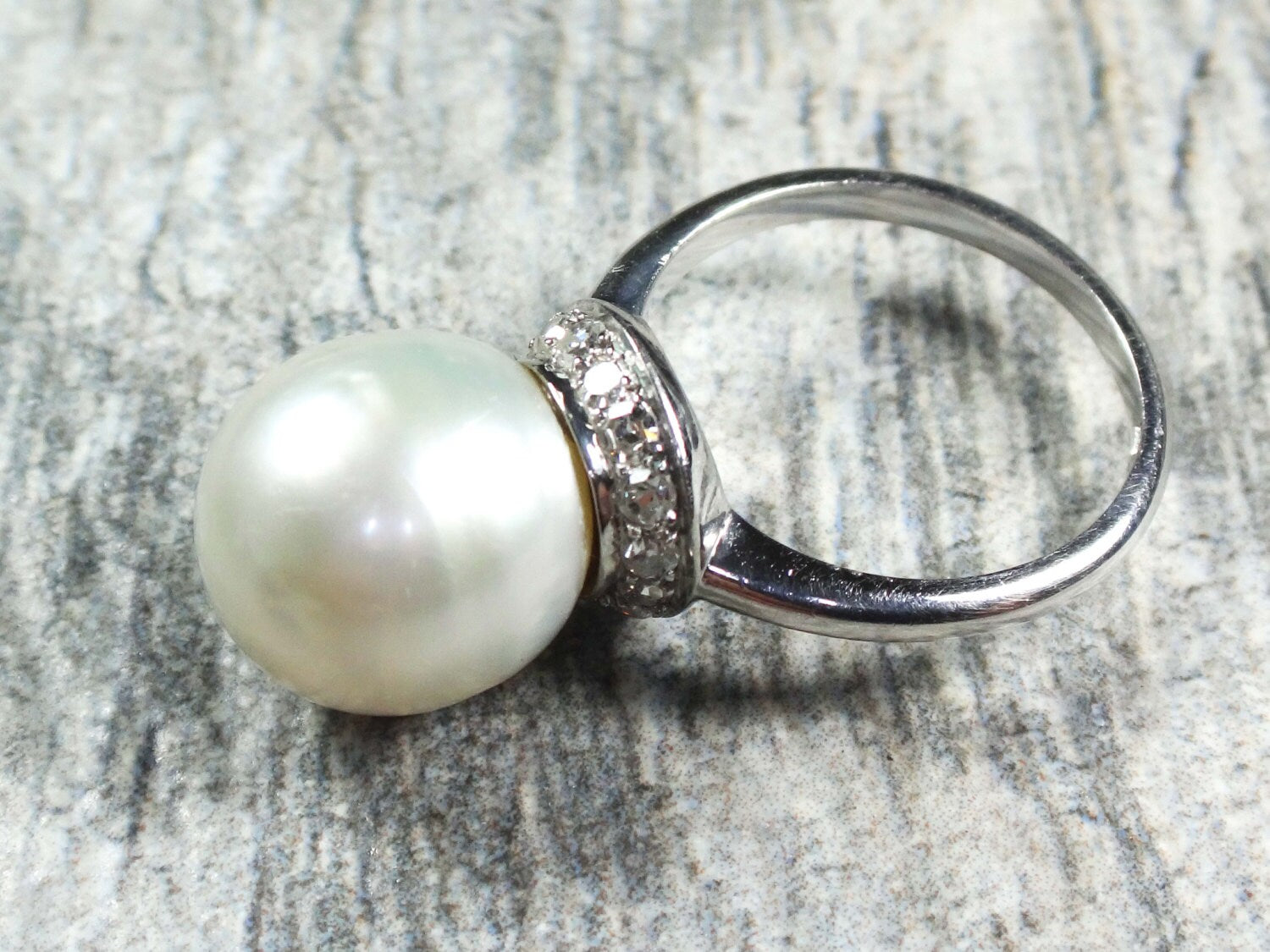 Vintage Palladium South Sea Pearl Ring: Diamond Halo, Bridal Statement