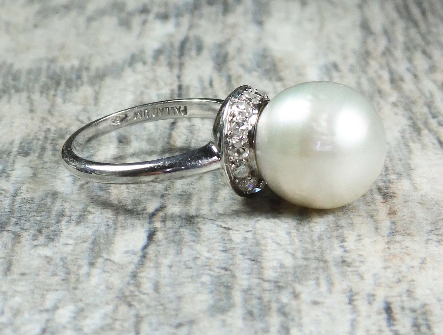 Vintage Palladium South Sea Pearl Ring: Diamond Halo, Bridal Statement