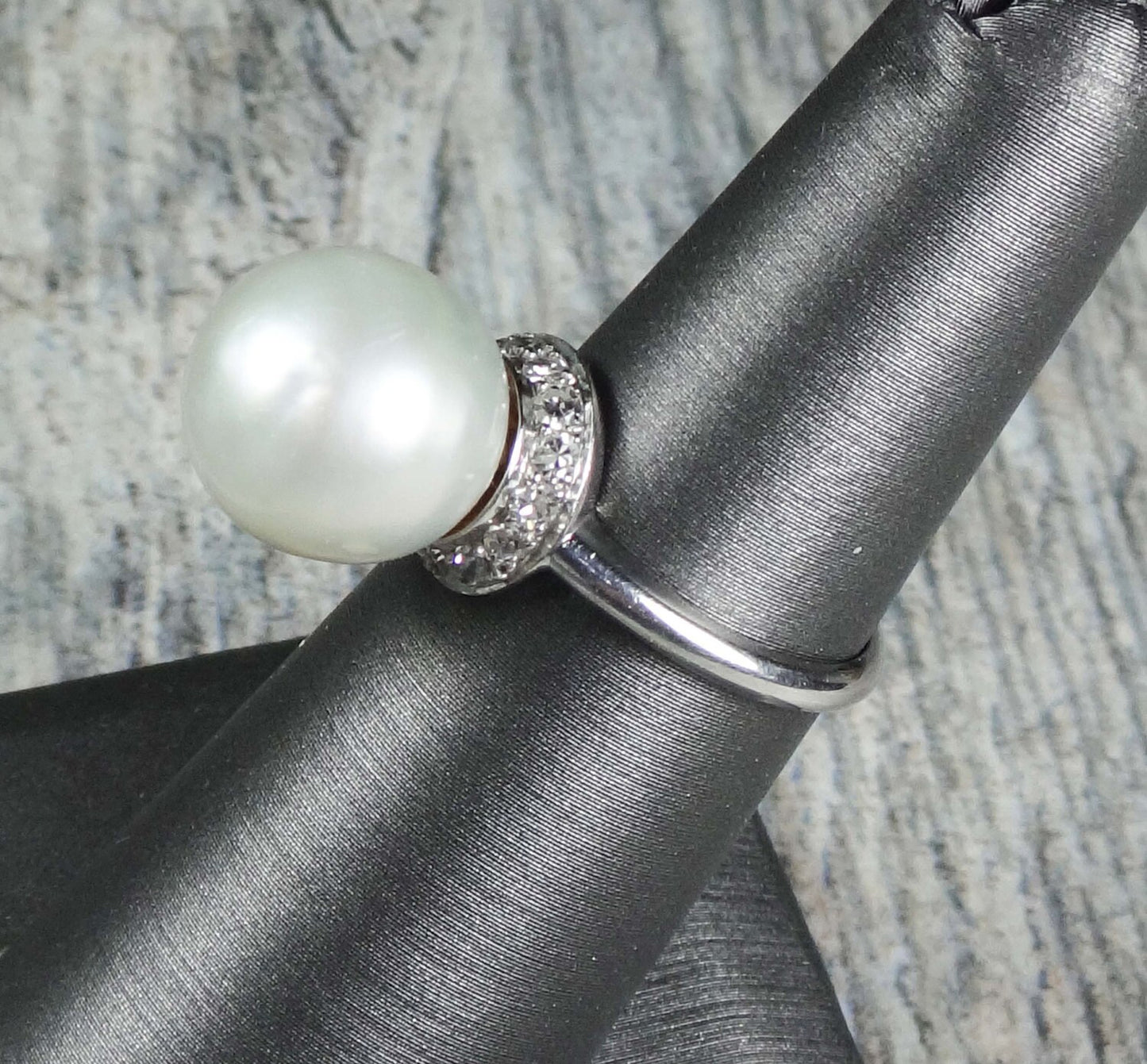 Vintage Palladium South Sea Pearl Ring: Diamond Halo, Bridal Statement