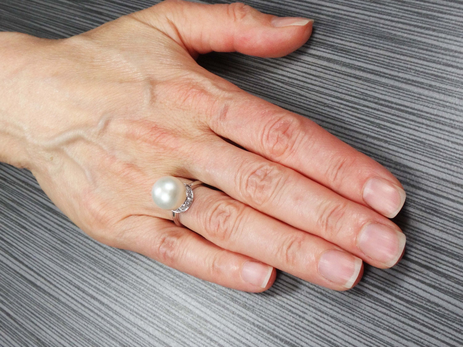 Vintage Palladium South Sea Pearl Ring: Diamond Halo, Bridal Statement