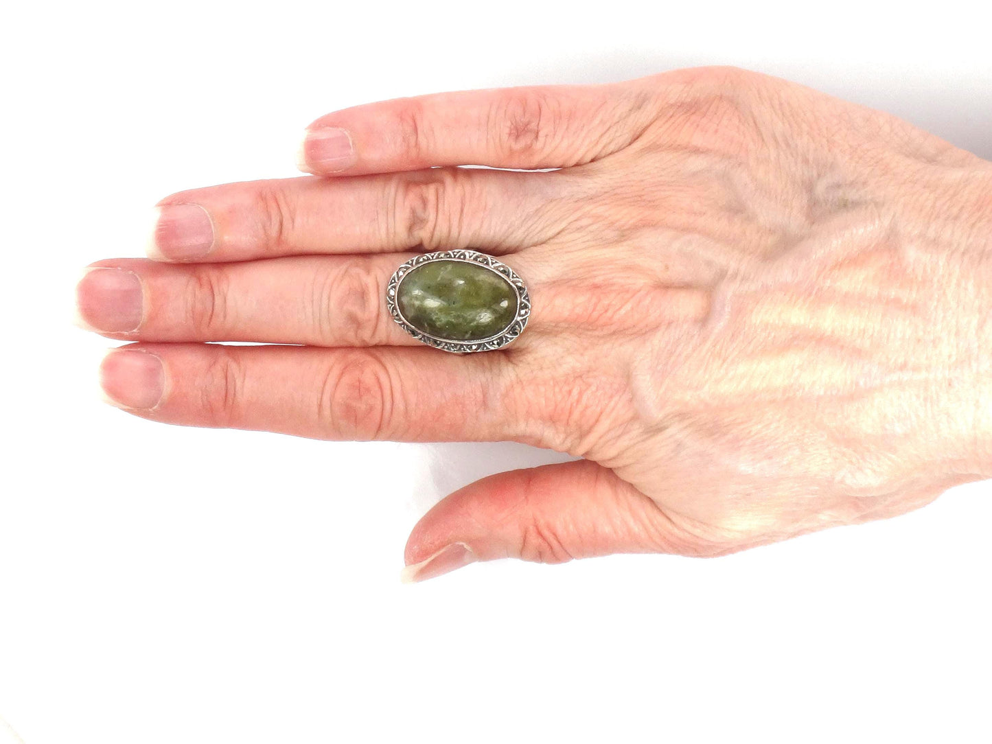 Vintage Sterling Silver Green Connemara Marble Ring, Irish Hallmarks, Size 6.75