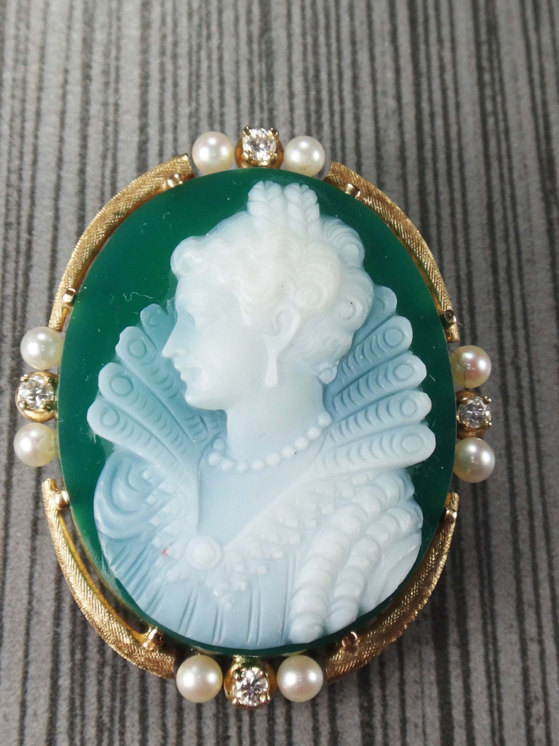 Vintage 14k Gold Green Hardstone Cameo Pendant and Cameo Earrings Set Renaissance Revival Cameo with Cultured Pearls and Diamonds