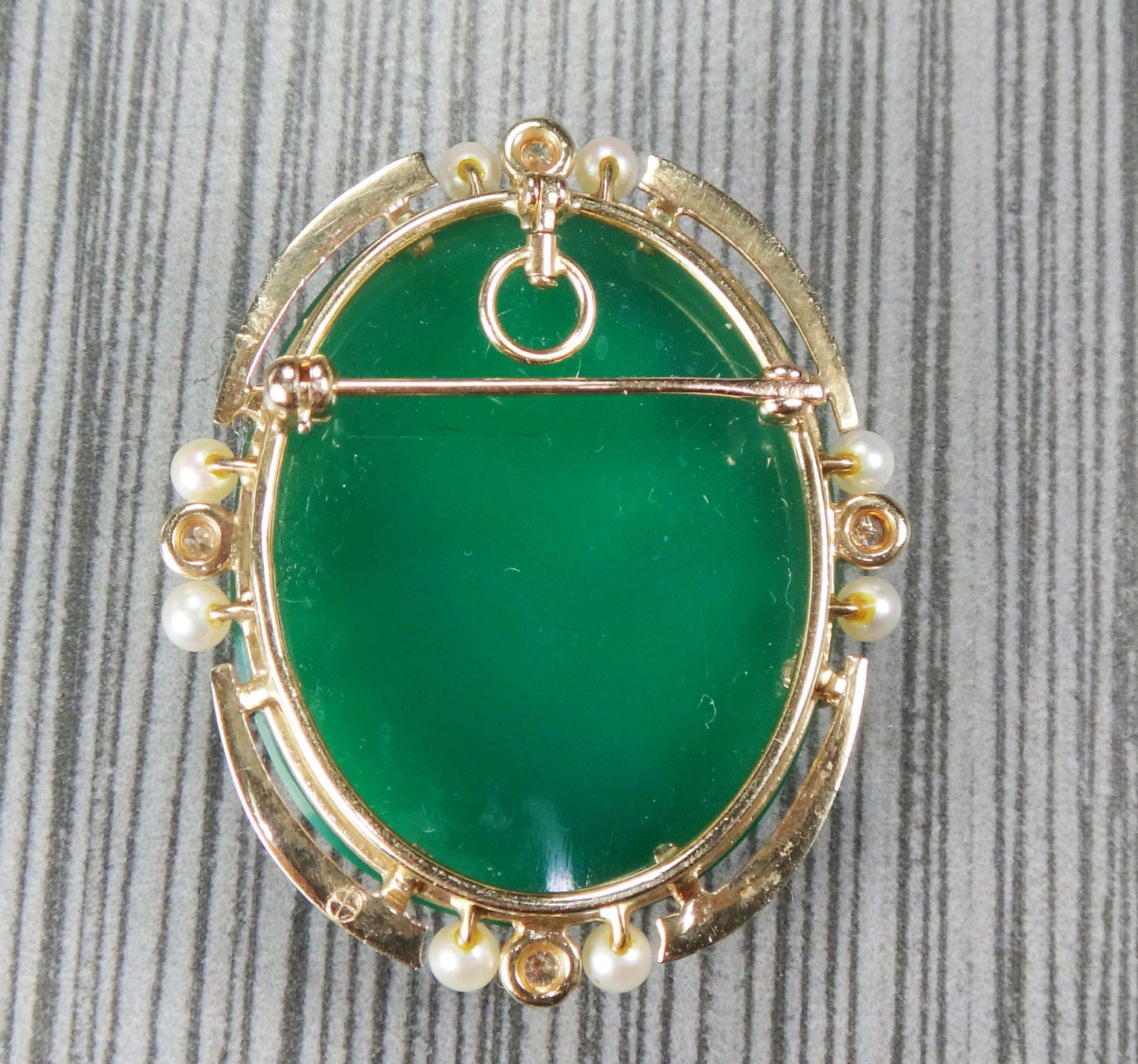 Vintage 14k Gold Green Hardstone Cameo Pendant and Cameo Earrings Set Renaissance Revival Cameo with Cultured Pearls and Diamonds