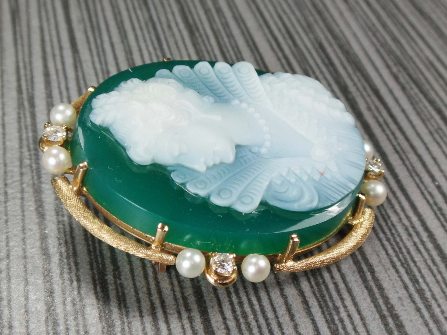 Vintage 14k Gold Green Hardstone Cameo Pendant and Cameo Earrings Set Renaissance Revival Cameo with Cultured Pearls and Diamonds