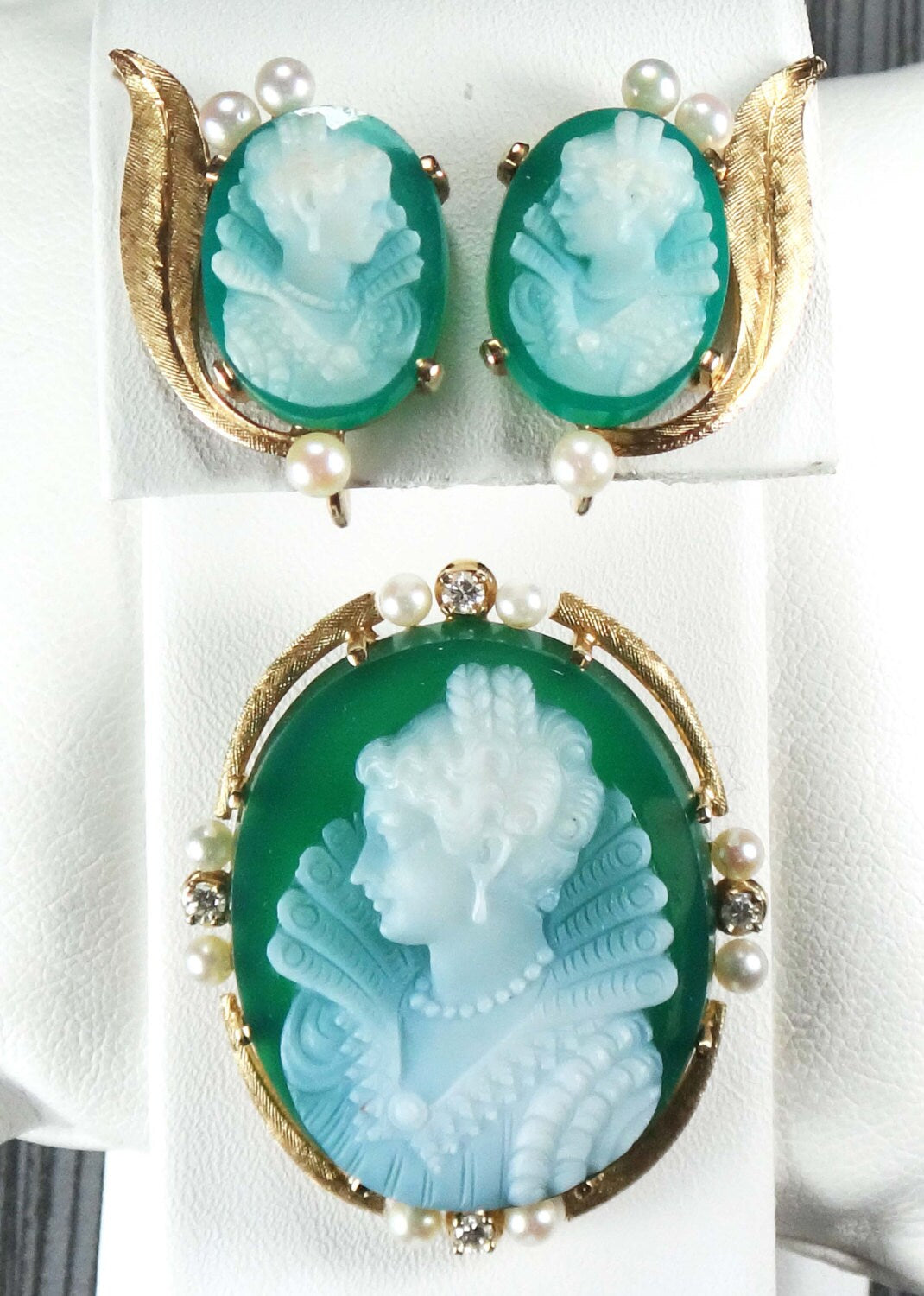 Vintage 14k Gold Green Hardstone Cameo Pendant and Cameo Earrings Set Renaissance Revival Cameo with Cultured Pearls and Diamonds