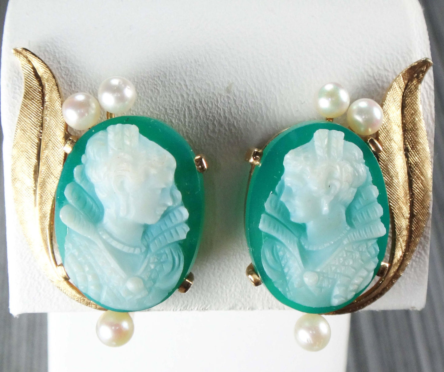 Vintage 14k Gold Green Hardstone Cameo Pendant and Cameo Earrings Set Renaissance Revival Cameo with Cultured Pearls and Diamonds