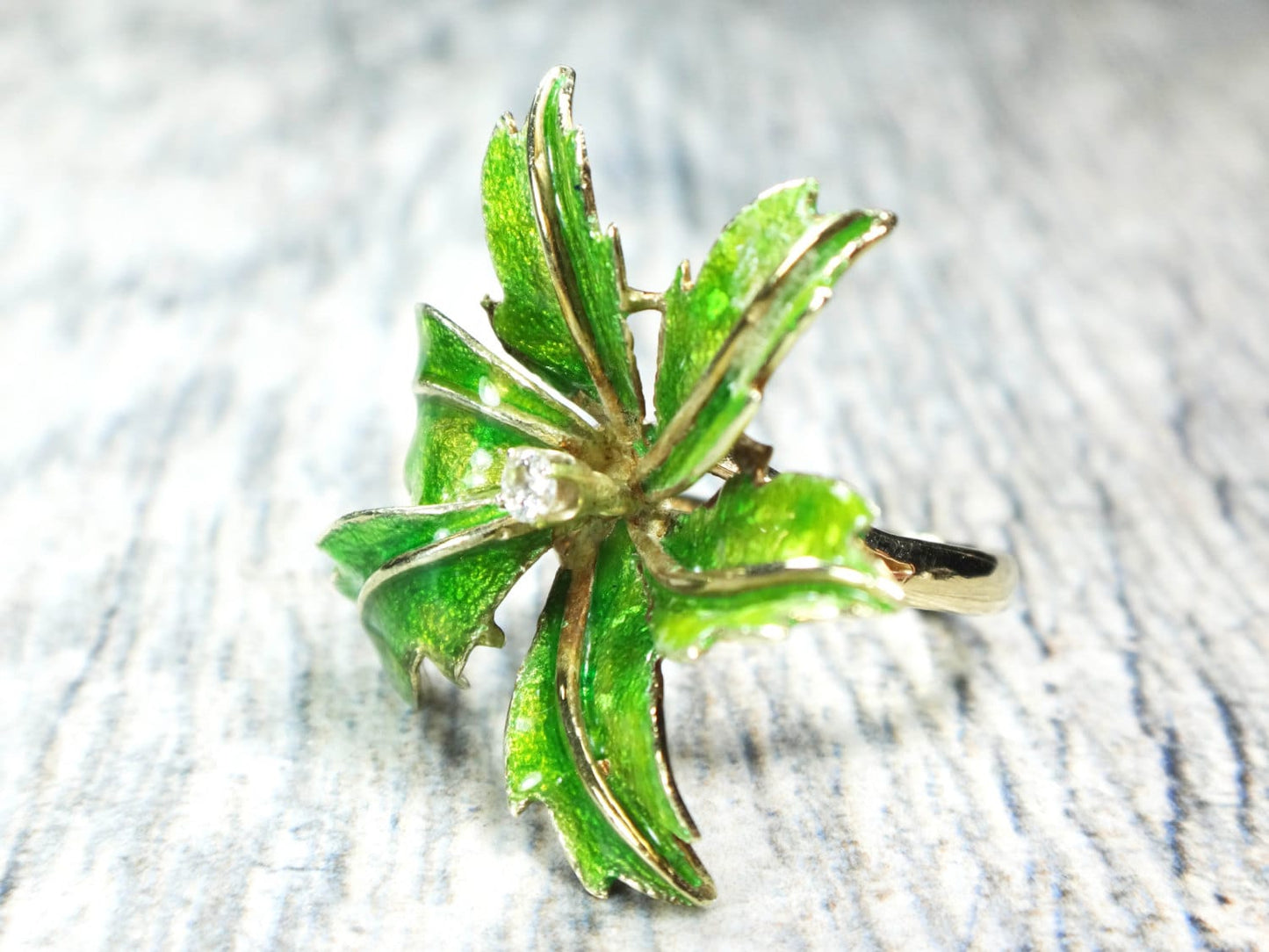 Vintage Large 14k Gold Green Enamel Floral Leaf Diamond Cocktail Ring Size 6.25