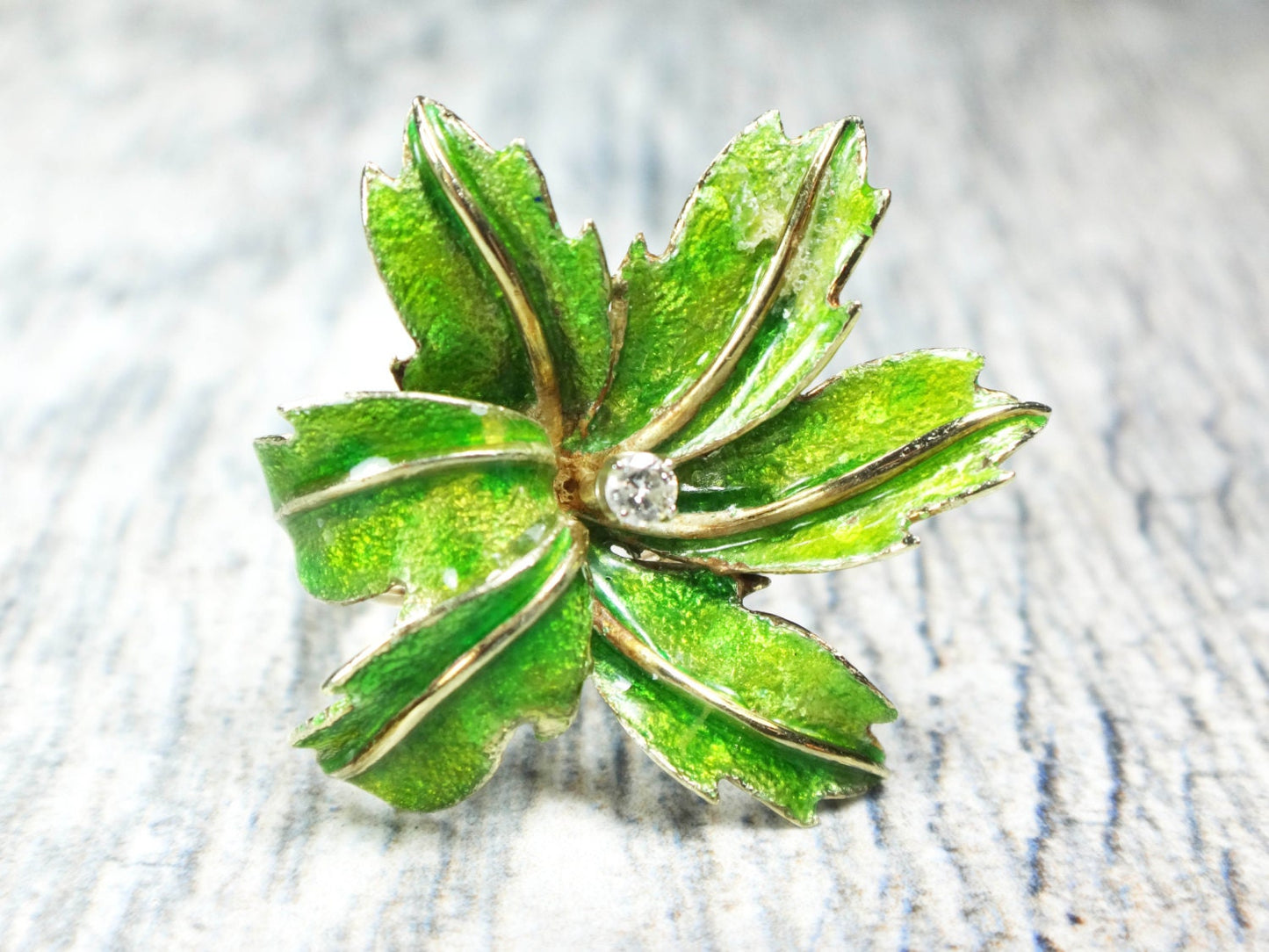 Vintage Large 14k Gold Green Enamel Floral Leaf Diamond Cocktail Ring Size 6.25