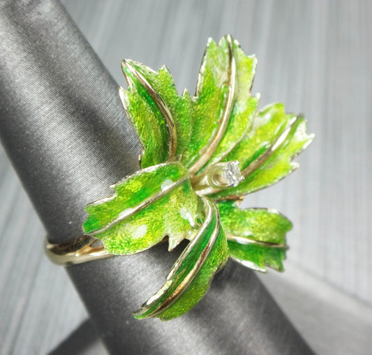 Vintage Large 14k Gold Green Enamel Floral Leaf Diamond Cocktail Ring Size 6.25