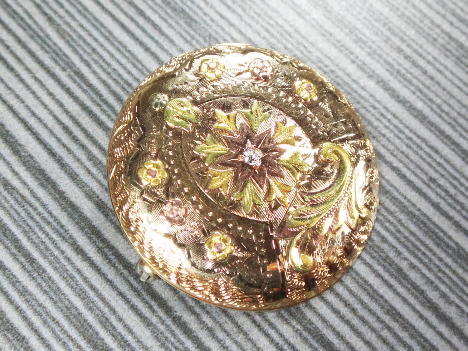 Antique 14k Tri-Color Gold Diamond Pin: Floral Engraved Pocket Watch Cover