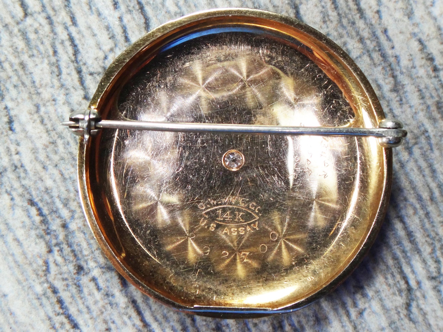 Antique 14k Tri-Color Gold Diamond Pin: Floral Engraved Pocket Watch Cover